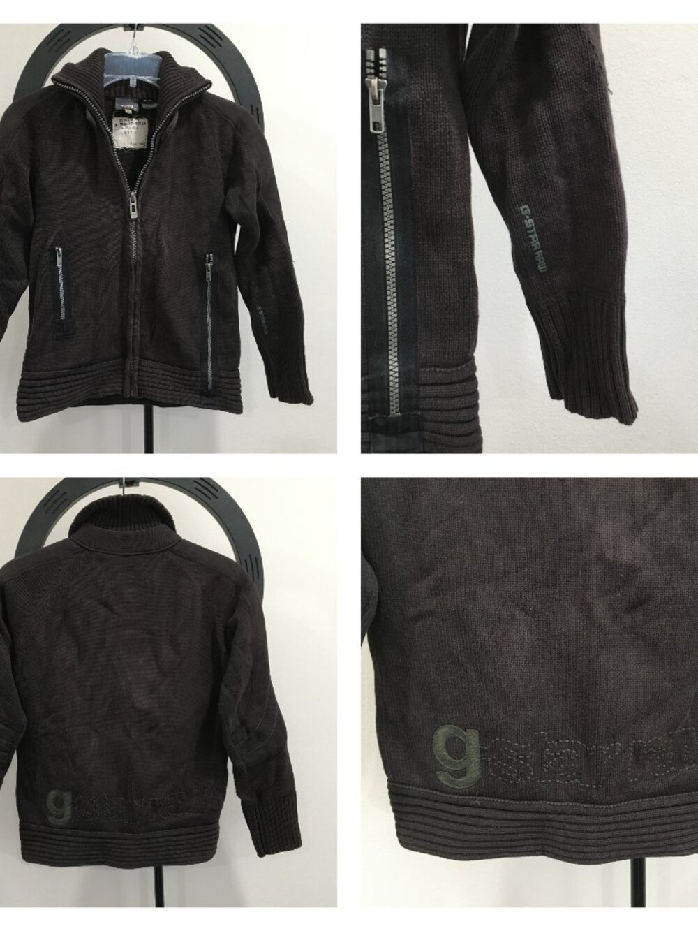 G STAR RAW Fitted Dark Brown MOTOR Knit Vest Zip Pockets Logo Embroidery Jacket